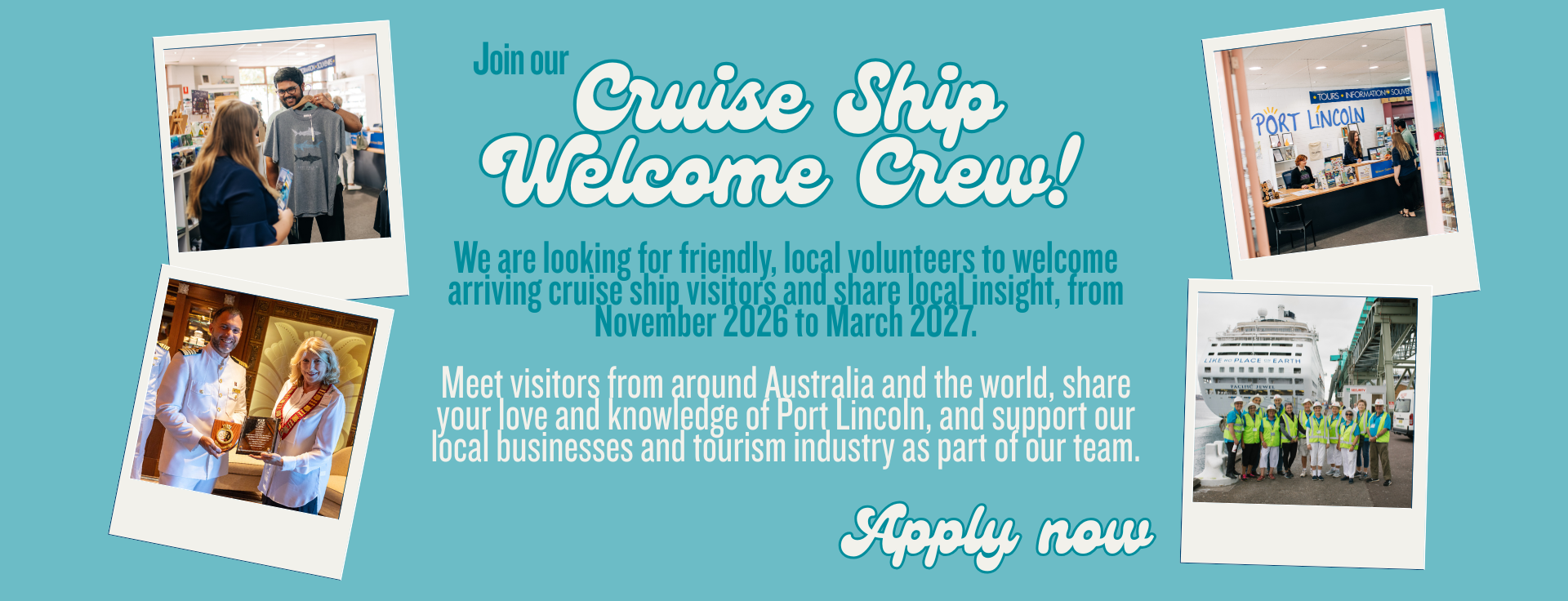 Promotional graphic - join our cruise ship welcome crew.