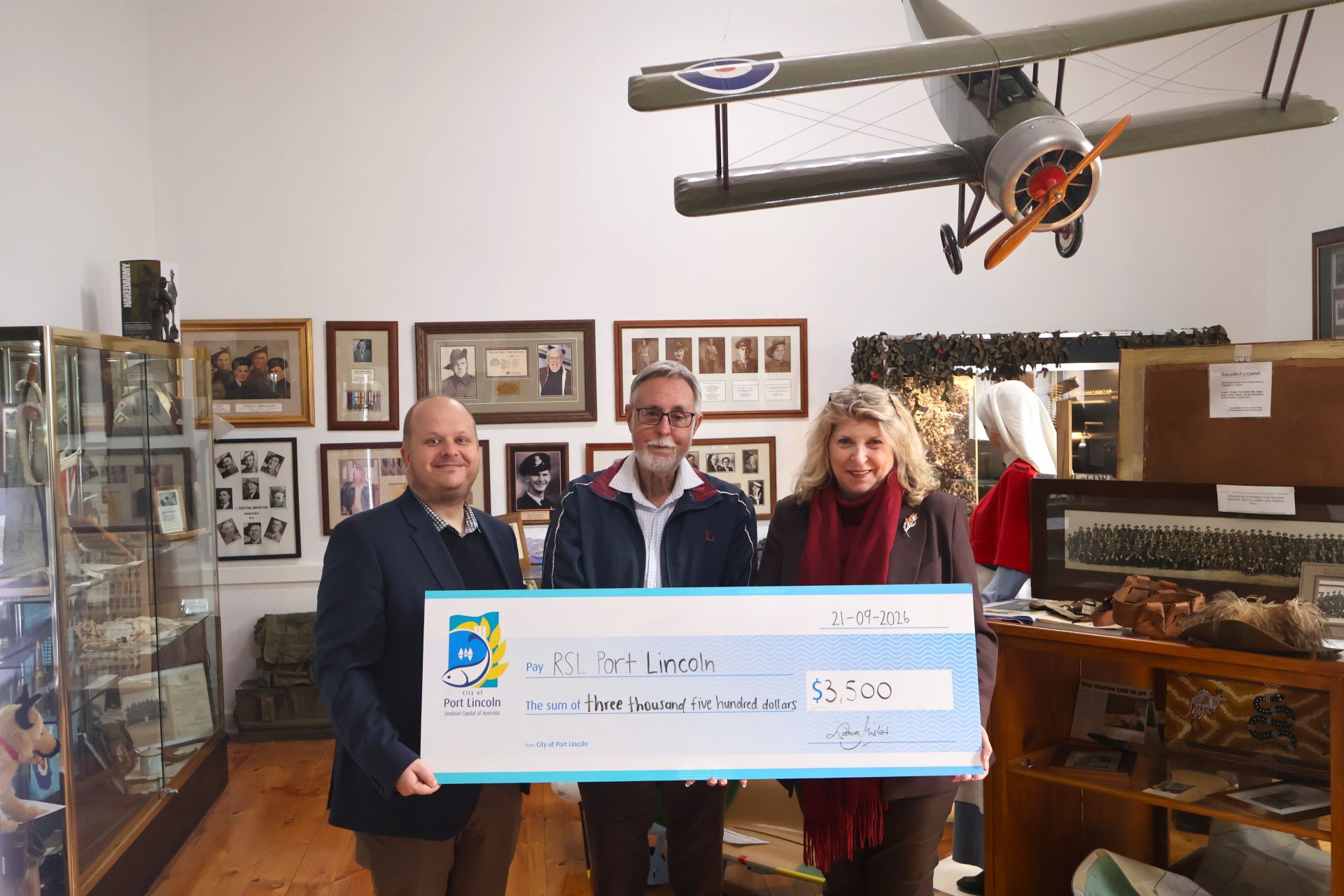 Picture: CEO Eric Brown and Mayor Diana Mislov present Acting President of the Port Lincoln RSL Lee Clayton with grant cheque