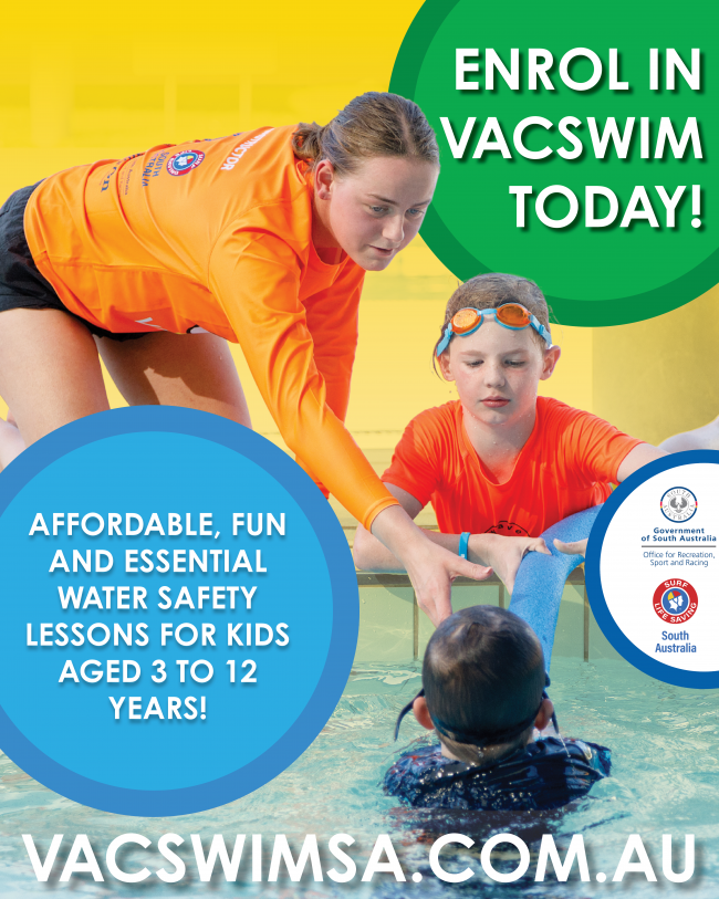 VACSWIM promotional poster - affordable, fun and essential water safety lessons for kids aged 3 to 12 years